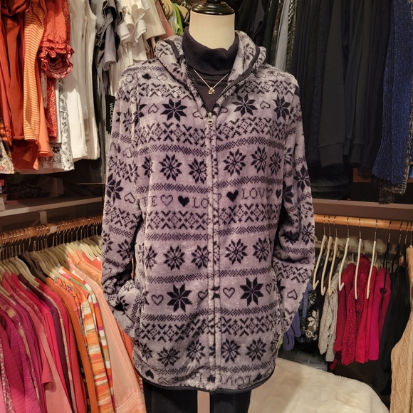 NO BOUNDARIES Plush Black 'n Gray LOVE 🖤's 'n Snowflakes Zip Hoodie Jacket XXL - Picture 5 of 11